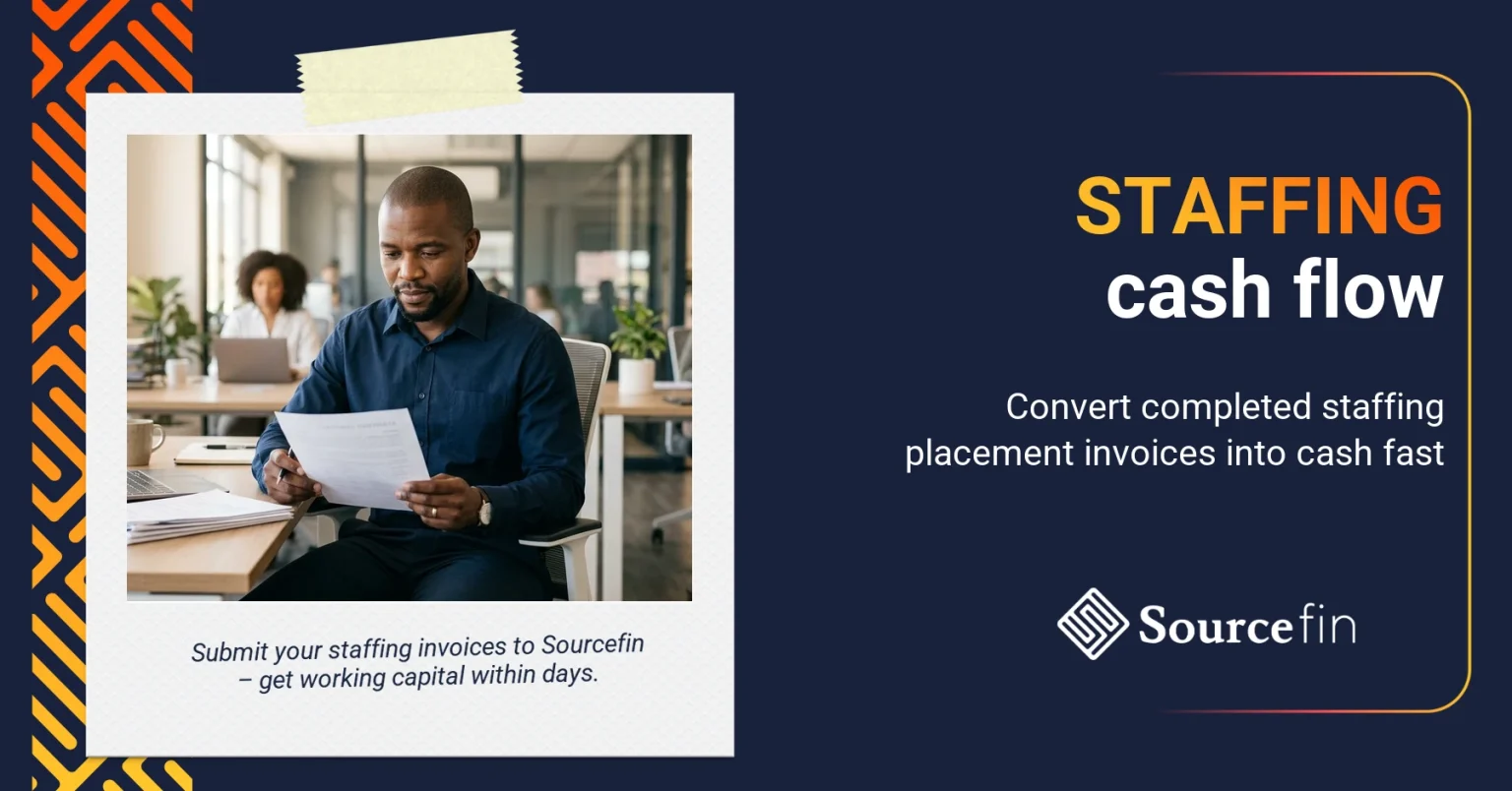 South African staffing agency owner at desk reviewing placement documents — invoice discounting staffing cash flow solution