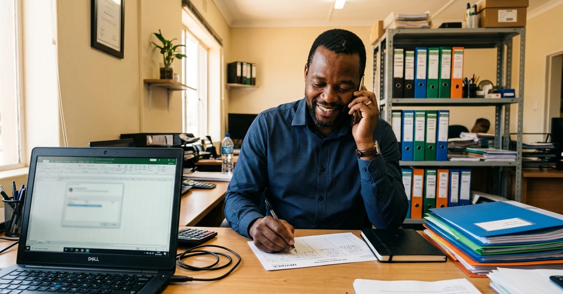 invoice discounting timeline South Africa – South African SMME owner mid-call with a Sourcefin representative discussing facility setup