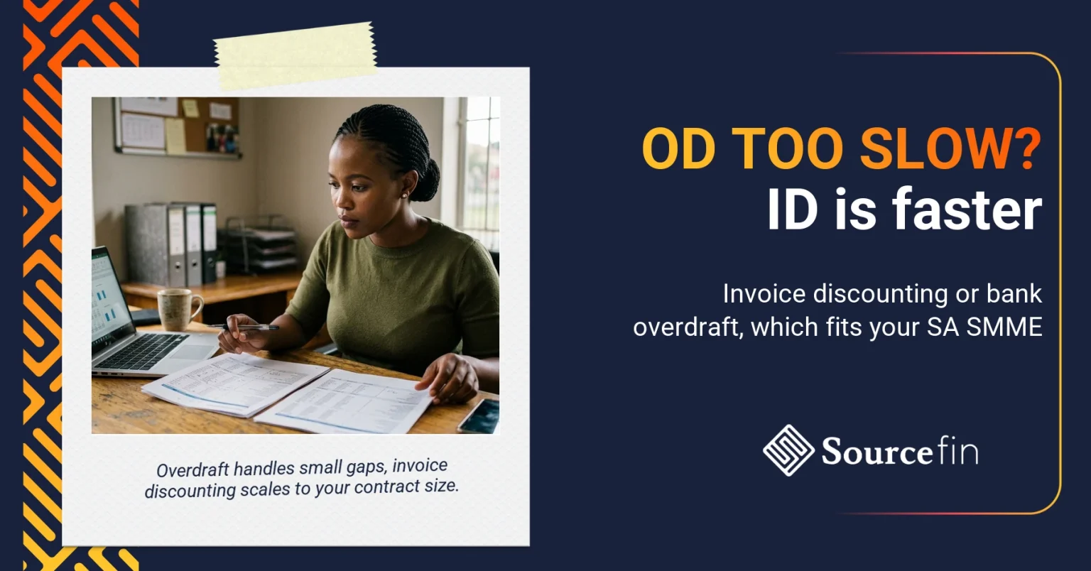 invoice discounting vs bank overdraft South Africa – South African SMME owner comparing two cash flow tools at her office desk