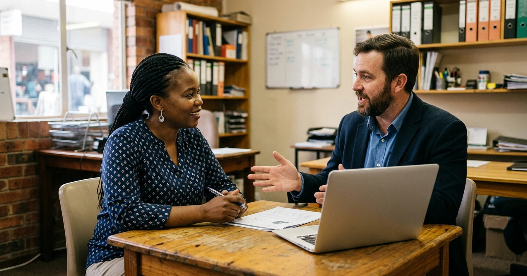 invoice discounting without personal guarantees South Africa – South African SMME owner discussing facility security openly with a funding advisor