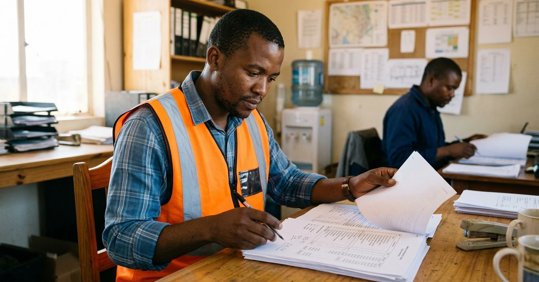 South African construction SMME team reviewing invoice factoring documentation at a site office