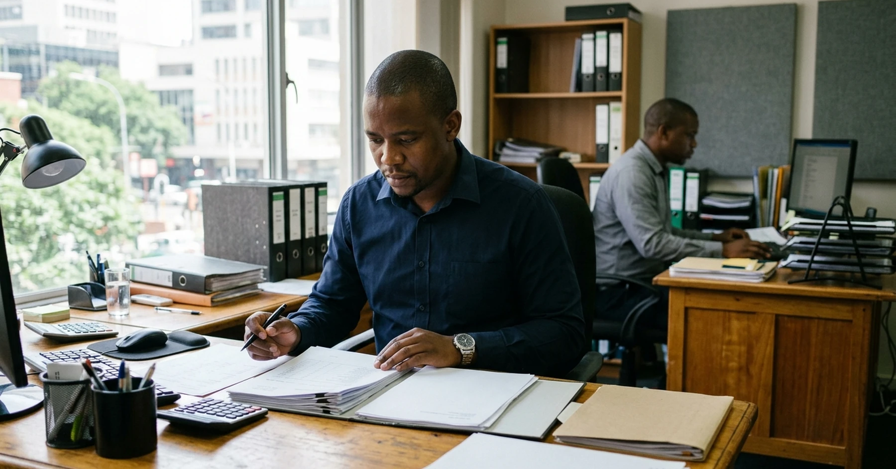 South African SMME team reviewing invoice factoring government contracts documentation