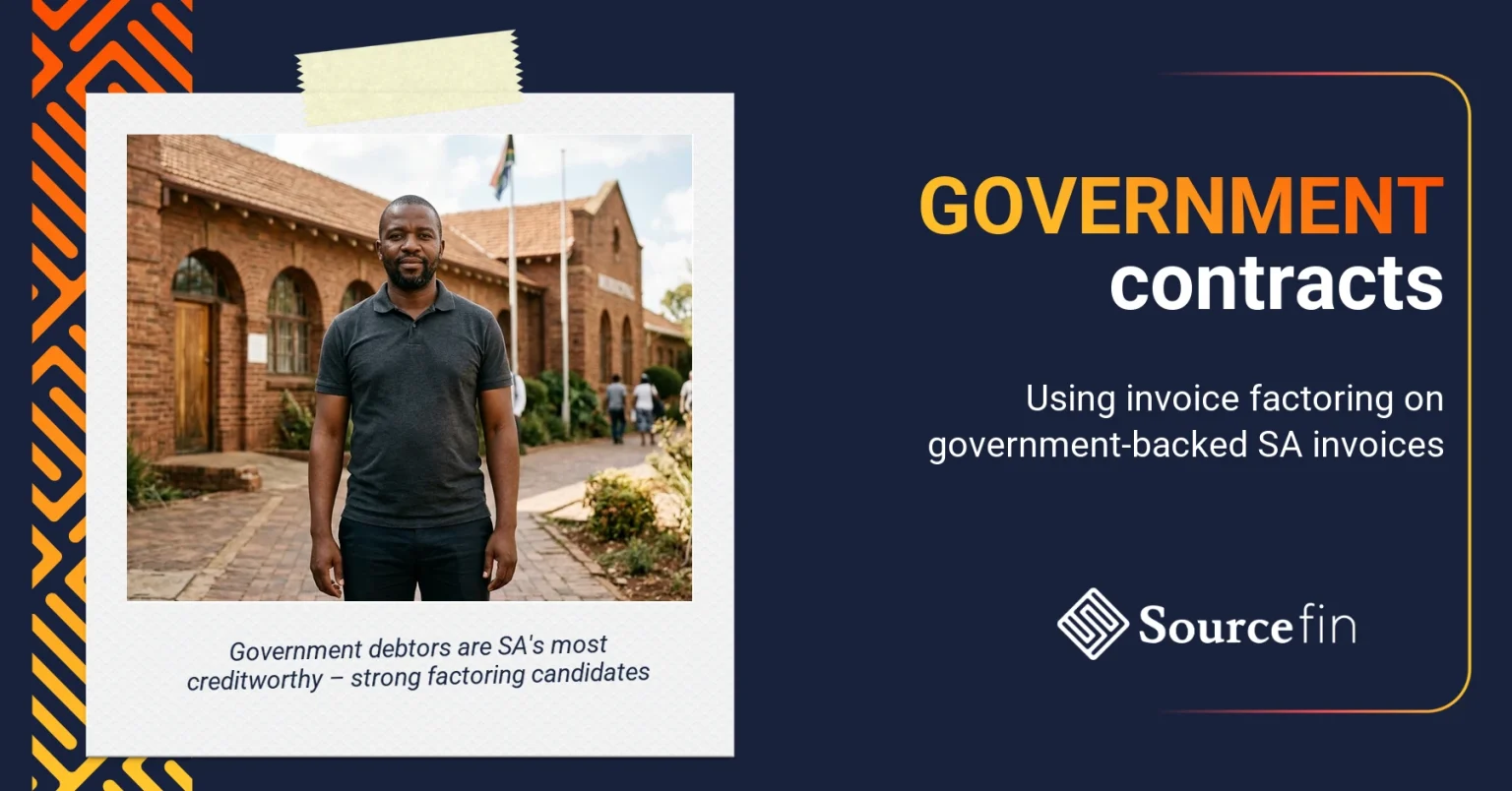 South African SMME owner outside government building – invoice factoring government contracts South Africa