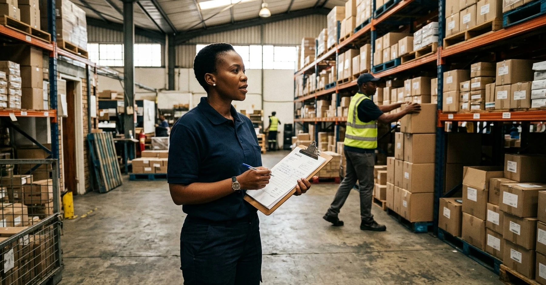 South African small business owner reviewing an invoice in her warehouse – invoice discounting for bad credit