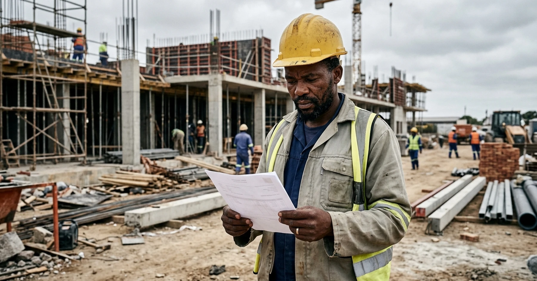 South African SMME contractor reviewing a purchase order at a construction site – purchase order funding bad credit