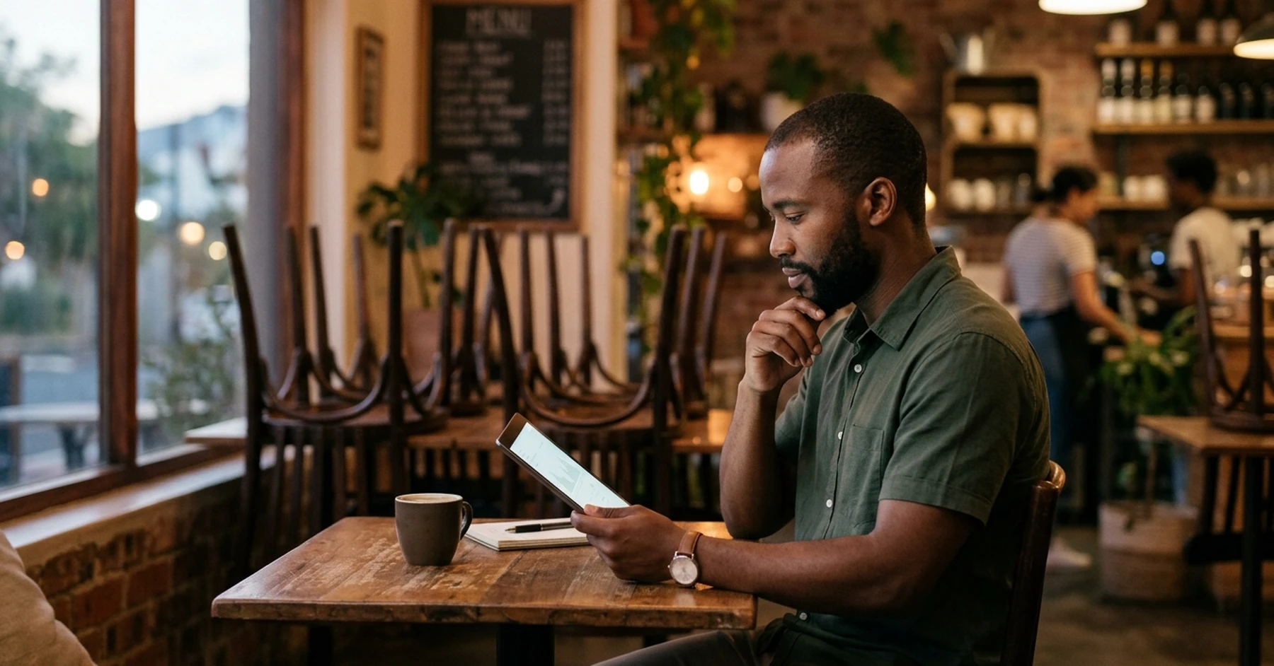 South African male business owner reviewing daily sales figures on tablet – merchant cash advance repayment considerations