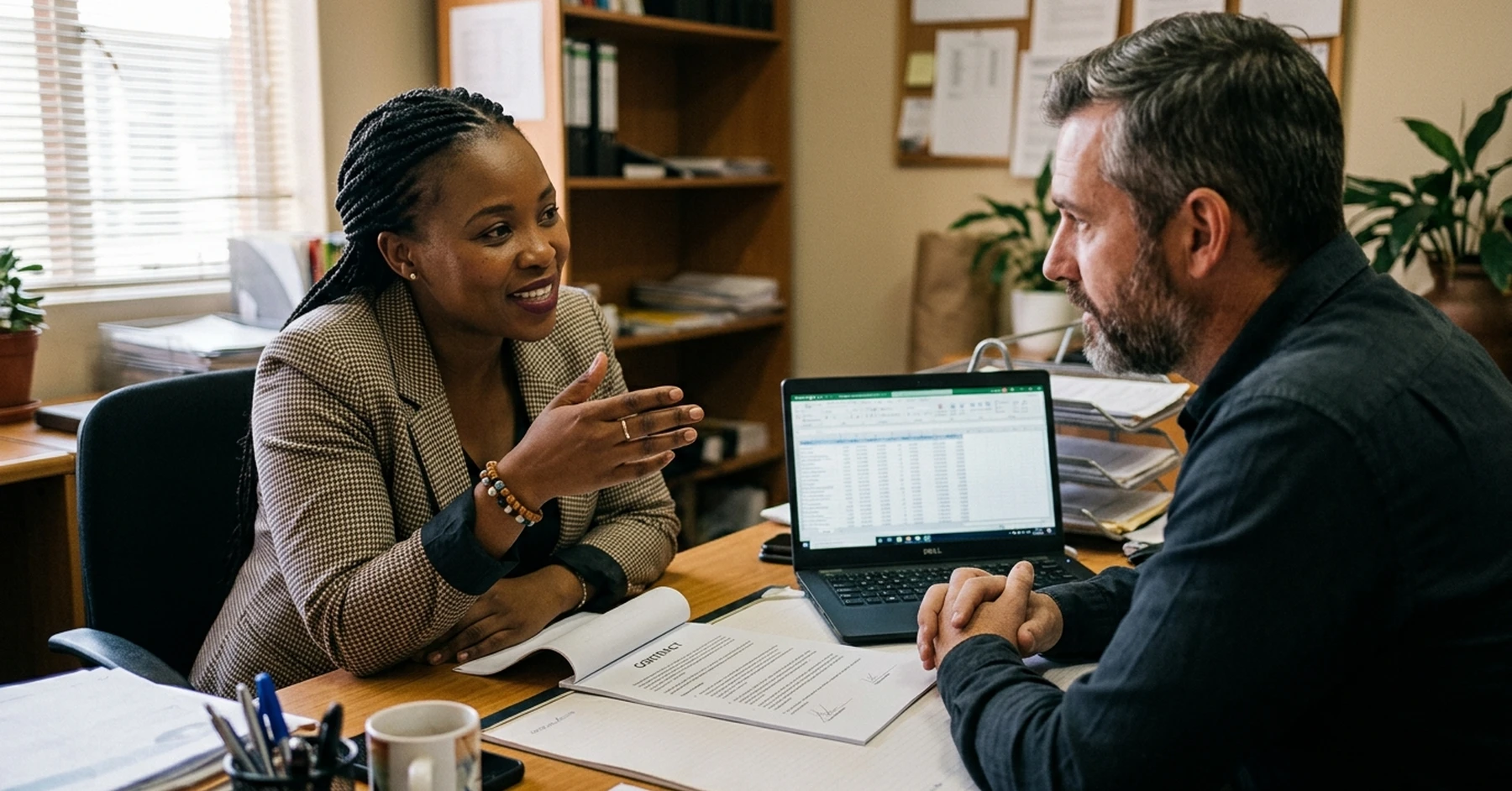 purchase order finance company South Africa – South African SMME owner asking a prospective PO funder due-diligence questions across a desk