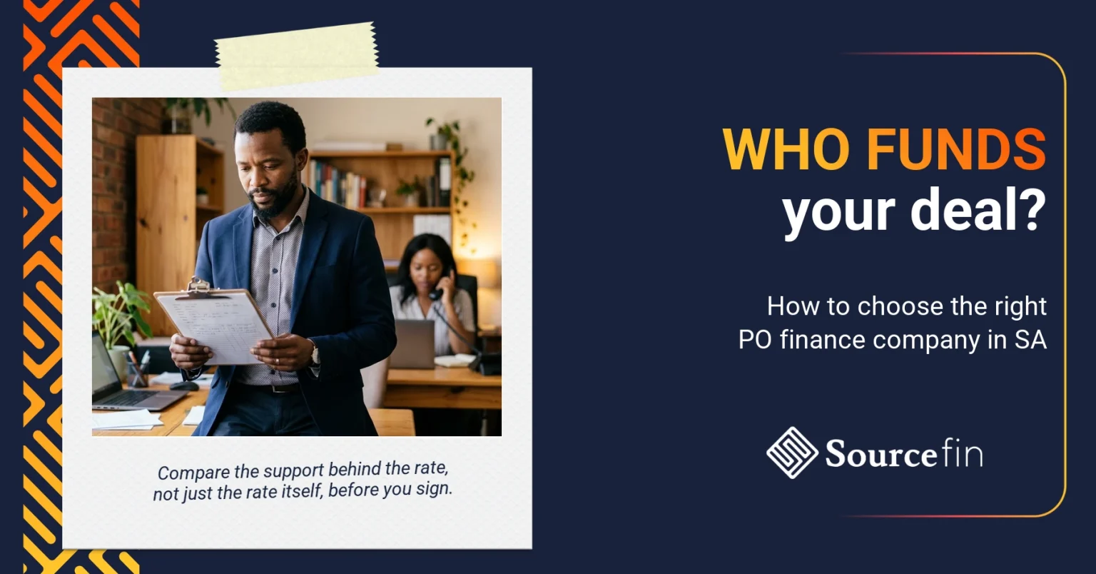 purchase order finance company South Africa – South African SMME owner reviewing a shortlist of PO funder options