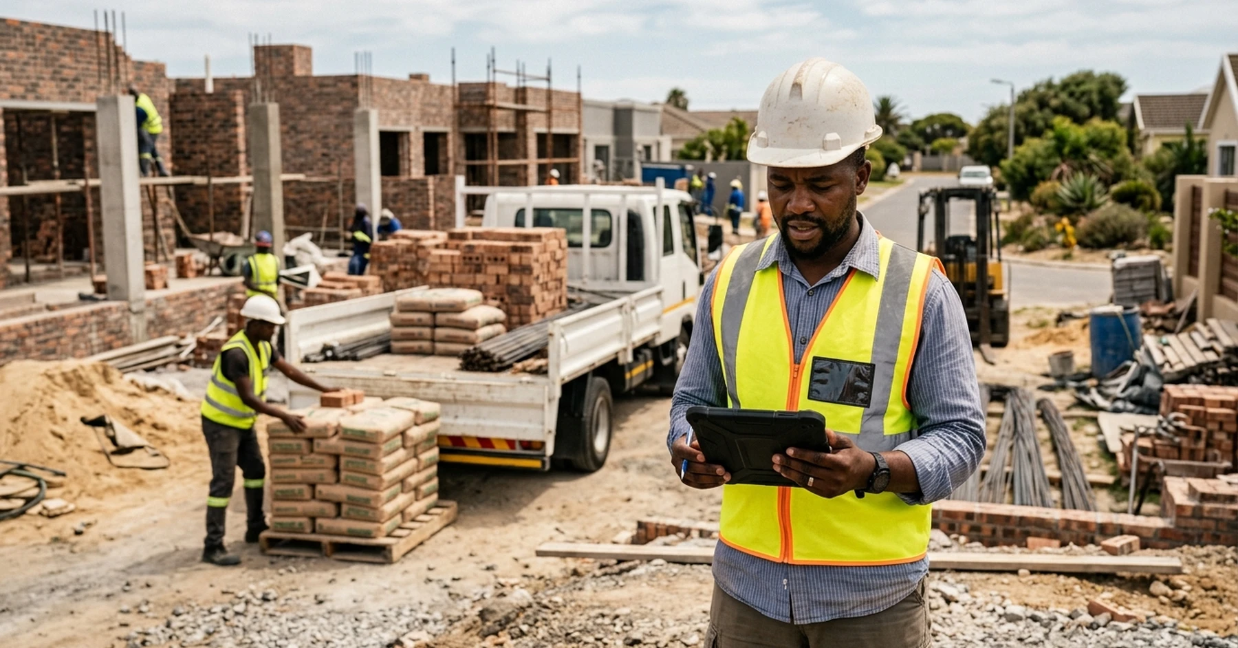 purchase order finance construction South Africa – South African contractor coordinating a building materials delivery on-site for an awarded construction job