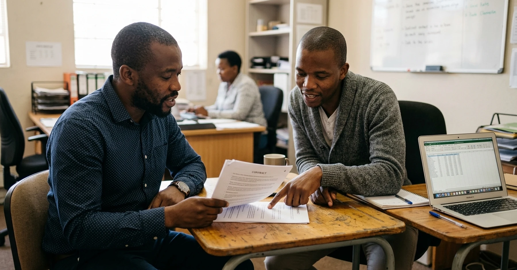 purchase order funding requirements South Africa – two South African SMME co-directors reviewing the contract clauses that affect PO funding eligibility
