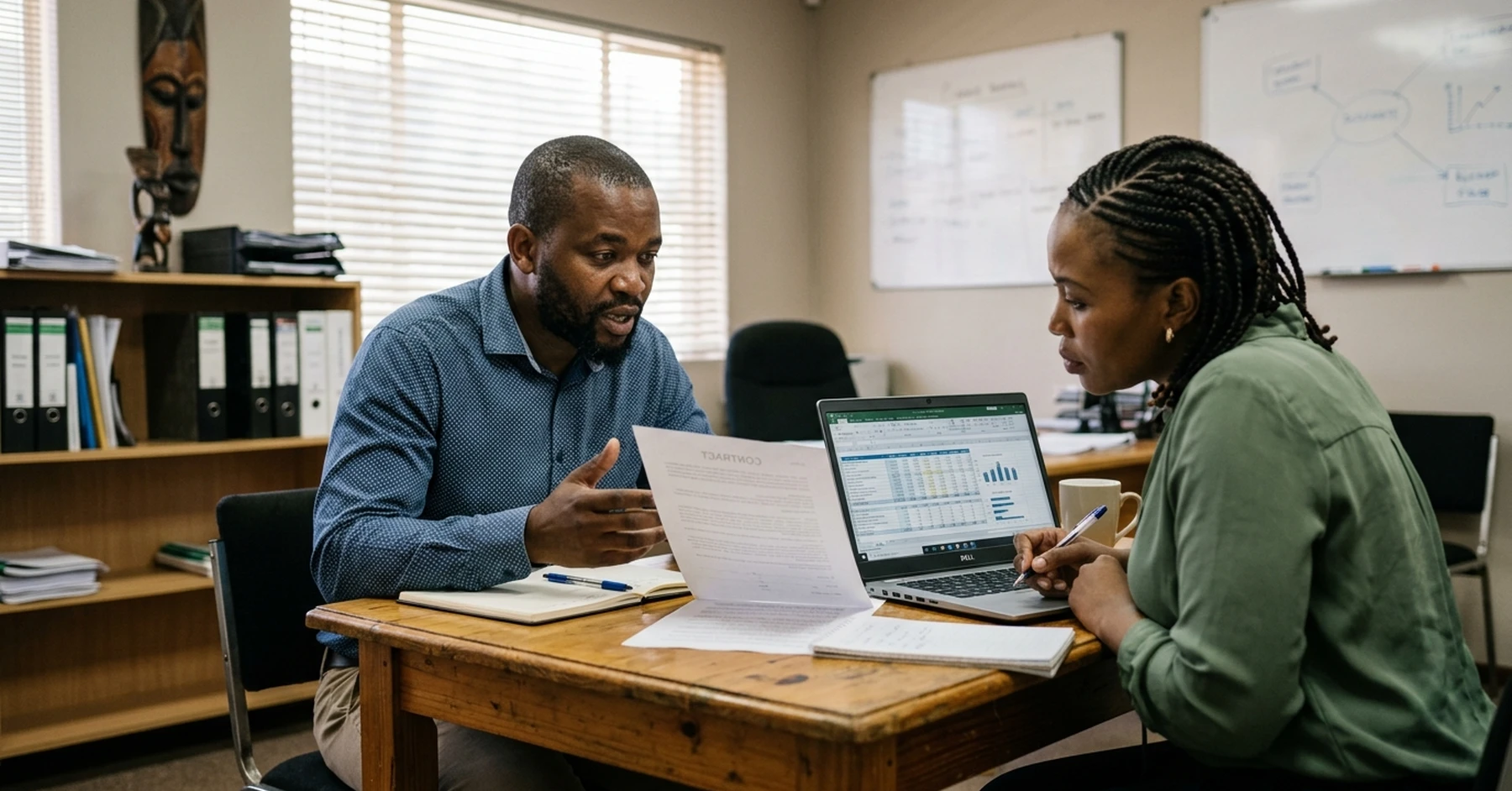 purchase order funding vs bank loan South Africa – two South African SMME co-directors comparing funding options at a meeting table