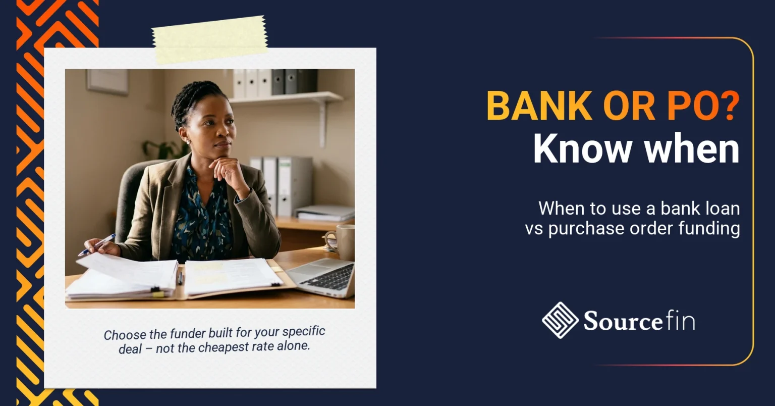 purchase order funding vs bank loan South Africa – South African SMME owner weighing two funding options at her office desk