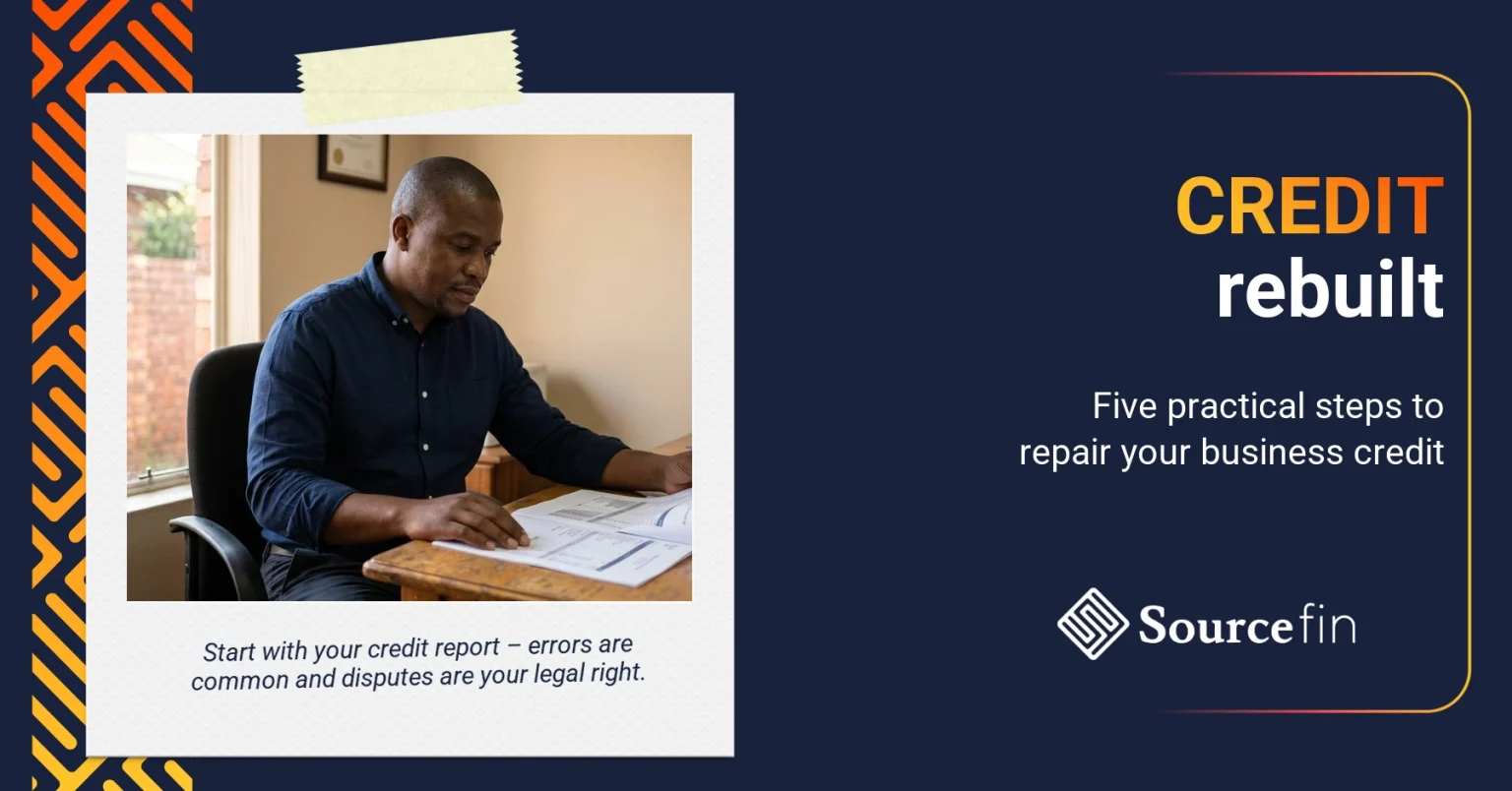 rebuild business credit score South Africa – business owner reviewing financial documents at office desk