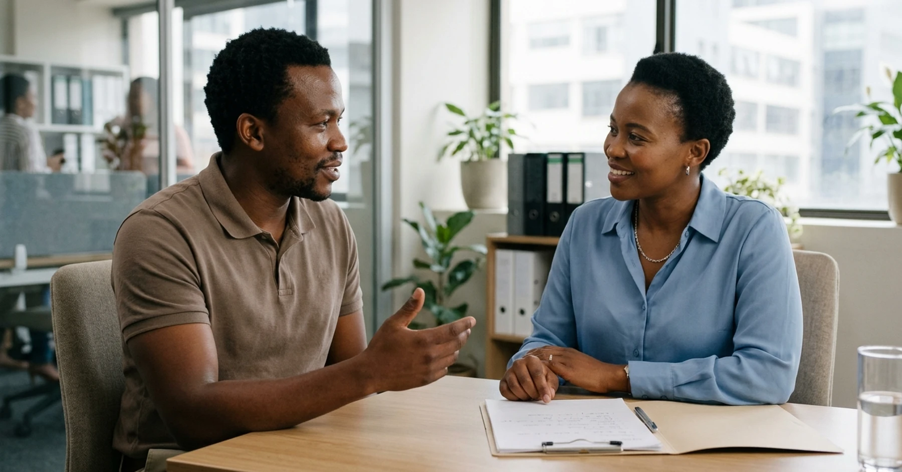 South African SMME owner discussing recourse vs non-recourse invoice factoring with a finance professional