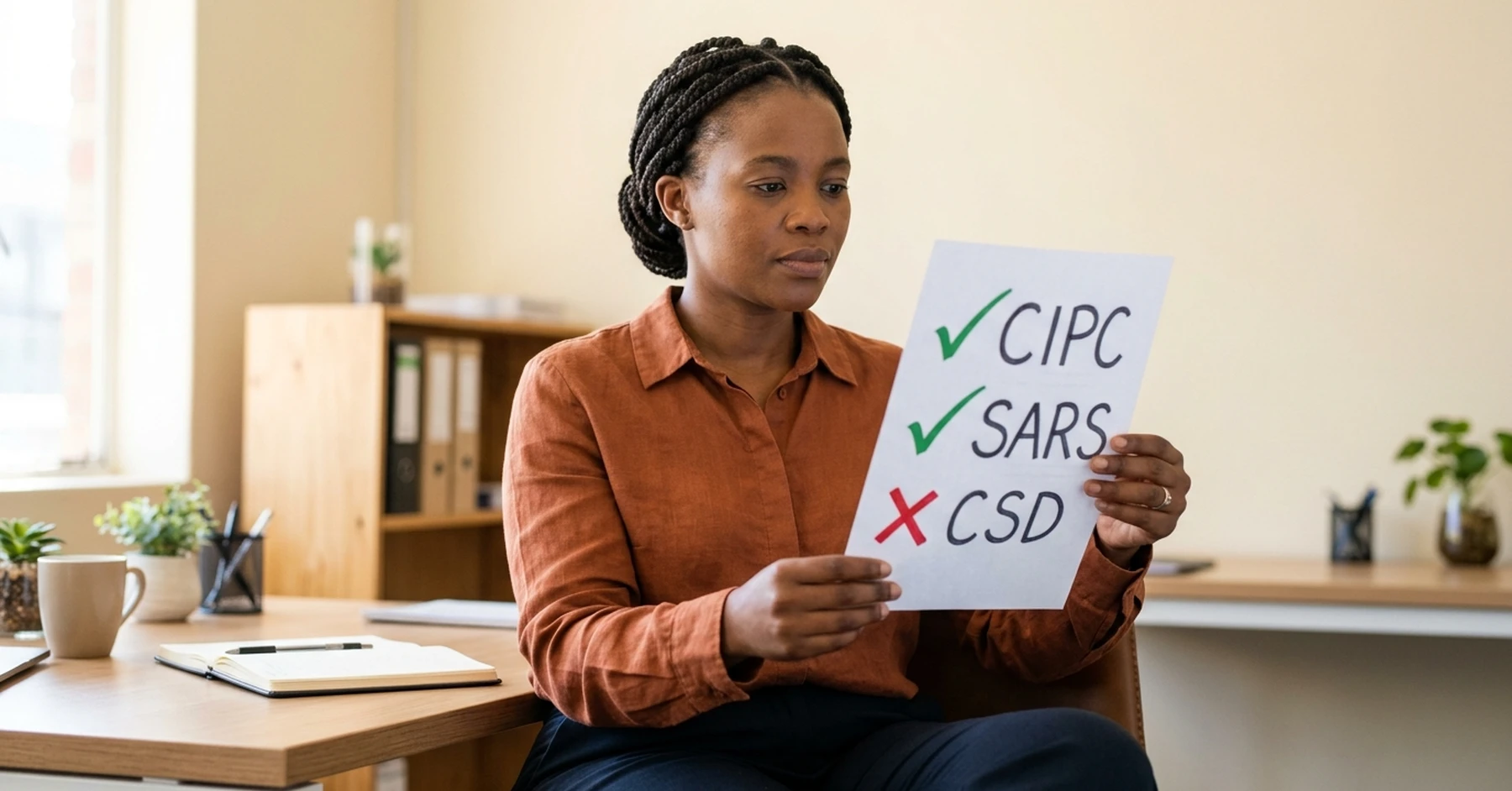 South African SMME business owner holding a compliance checklist showing CIPC SARS and CSD items with ticks and crosses