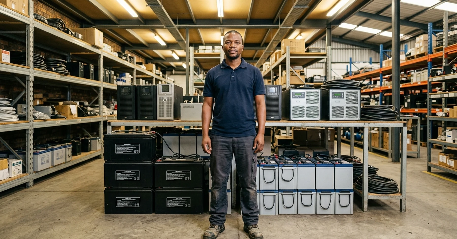South African SMME electrical supplier in warehouse with UPS systems and batteries for government tender opportunities