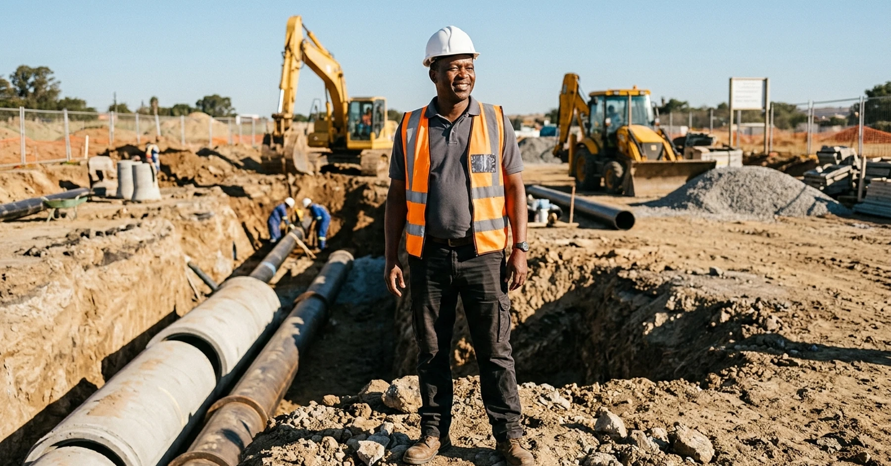 South African civil works contractor at a water infrastructure construction site representing SONA 2026 R156 billion opportunity