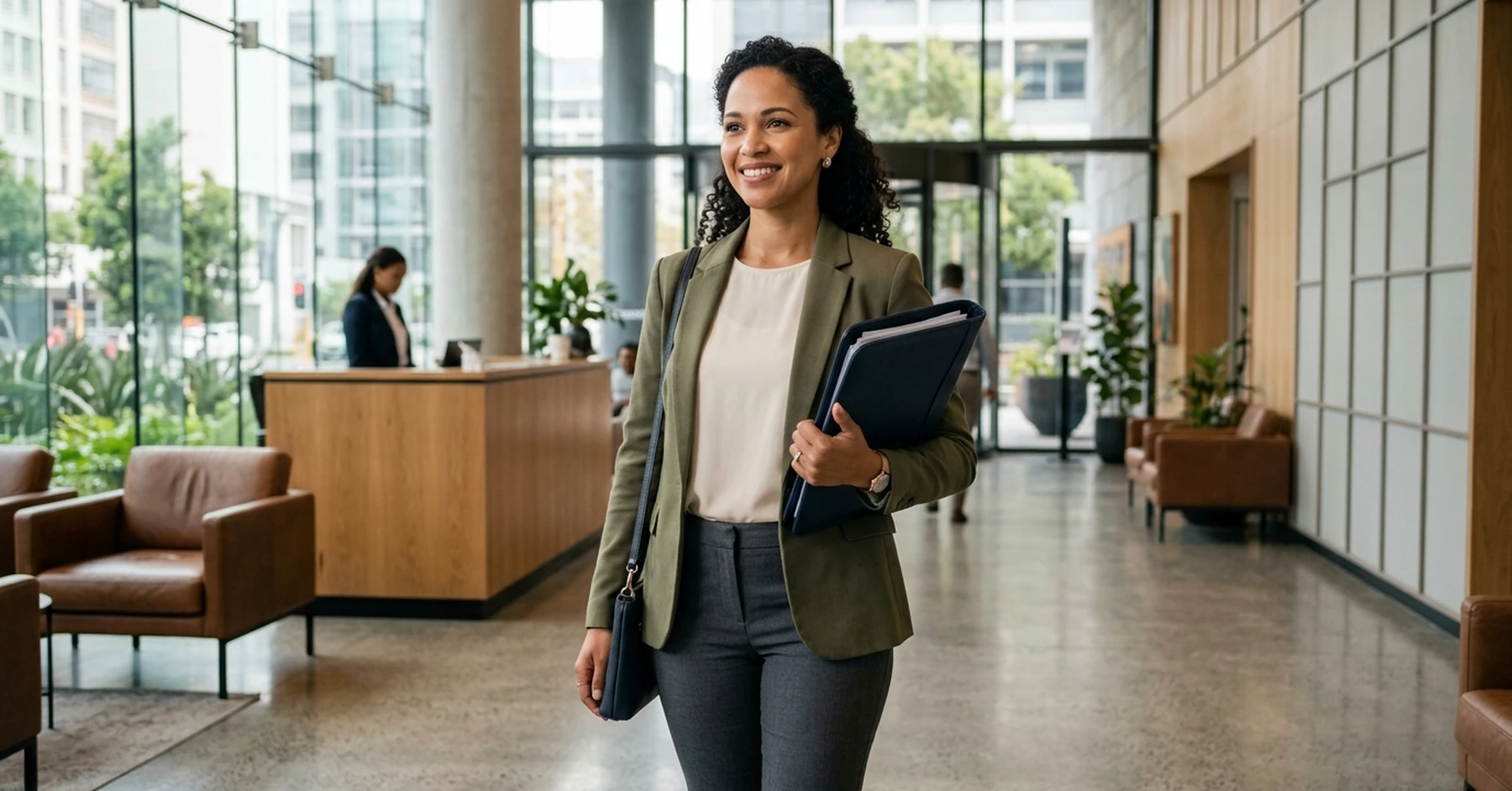 South African female SMME supplier in corporate office reception after completing delivery – supply chain finance South Africa