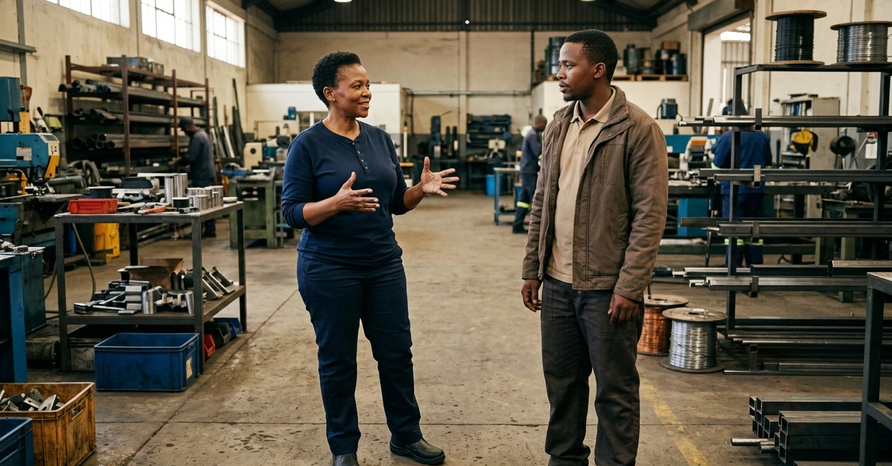 South African SMME owner on a manufacturing floor overseeing a long-term build