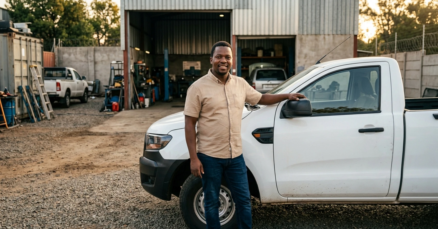 South African SMME owner alongside a financed business vehicle at their yard