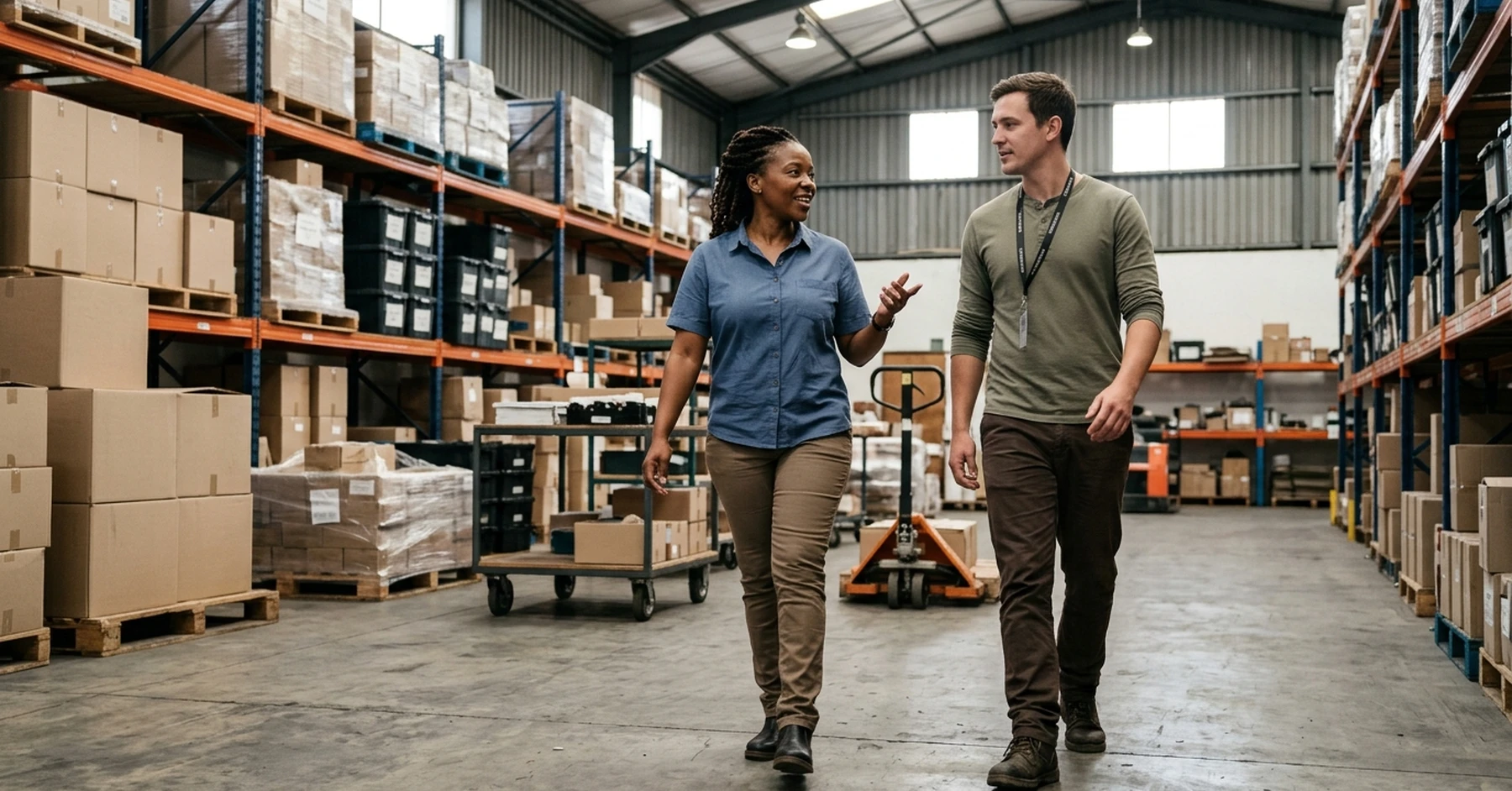 South African SMME owner walking through warehouse operations with team