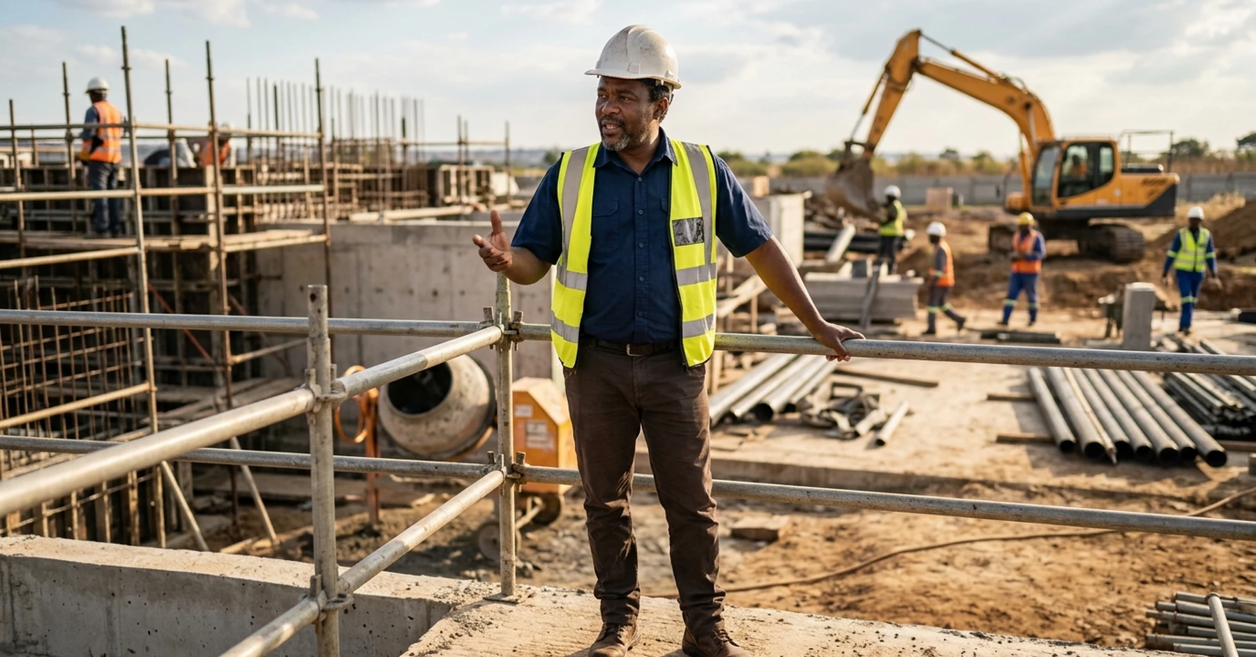 South African SMME owner on an active infrastructure site supervising contract delivery