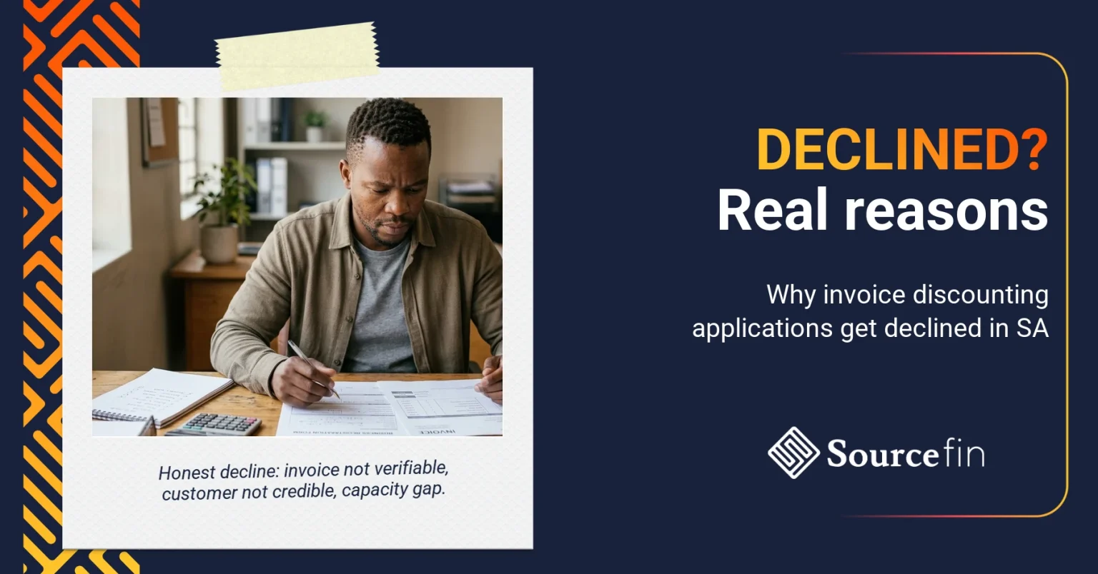 Why invoice discounting applications get declined: SA SMME owner reviewing his application paperwork at a desk