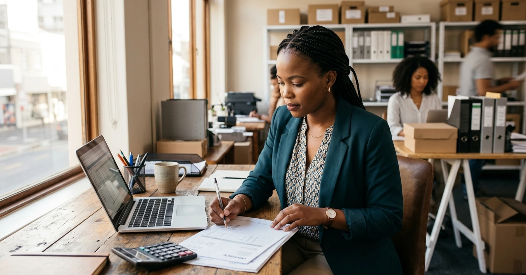 Invoice discounting for women-owned businesses in practice: SA SMME owner reviewing a customer invoice at her desk