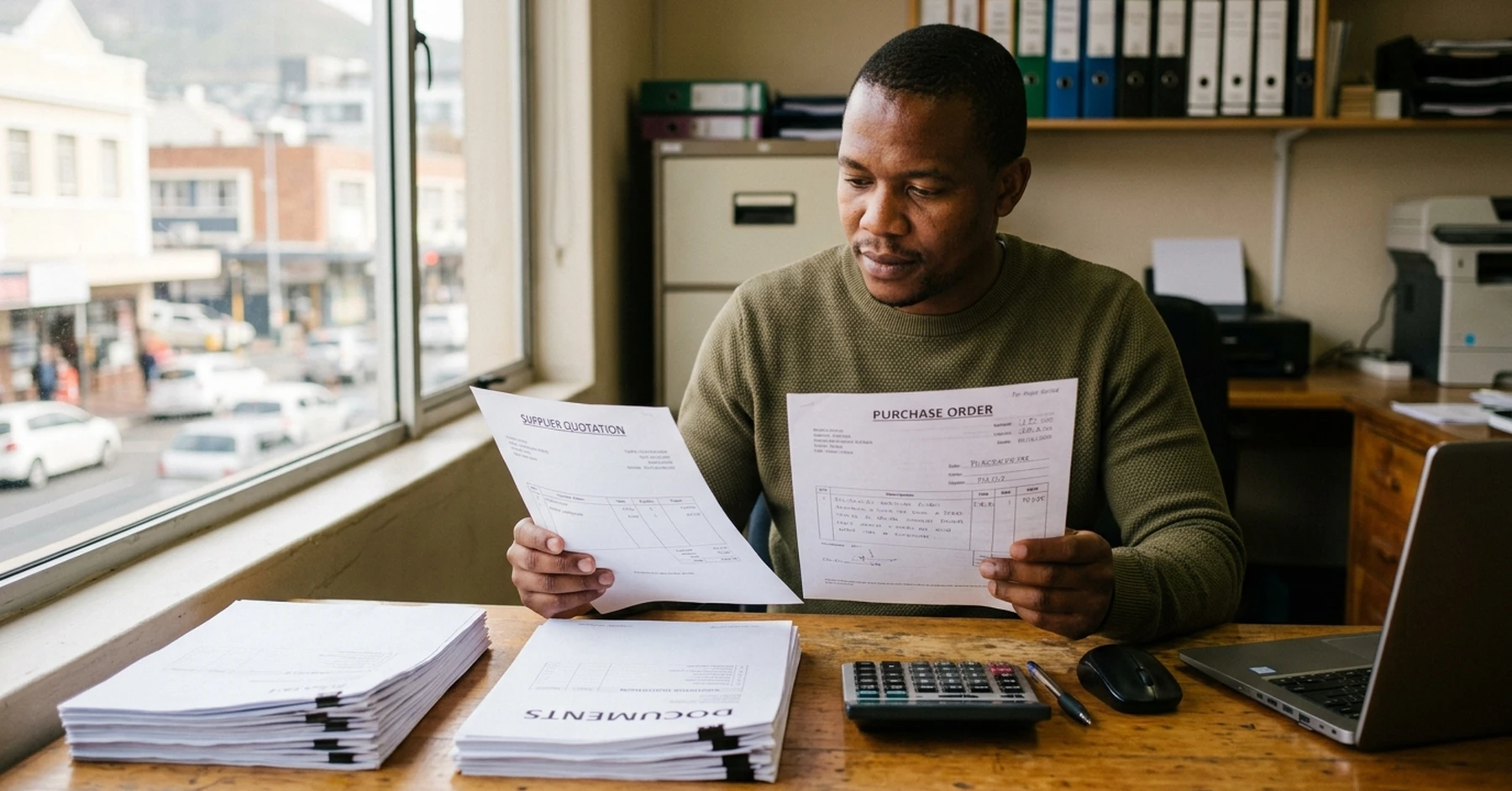 Purchase order funding minimum amount in practice: SA SMME owner reviewing a confirmed order alongside a supplier quotation to assess viability