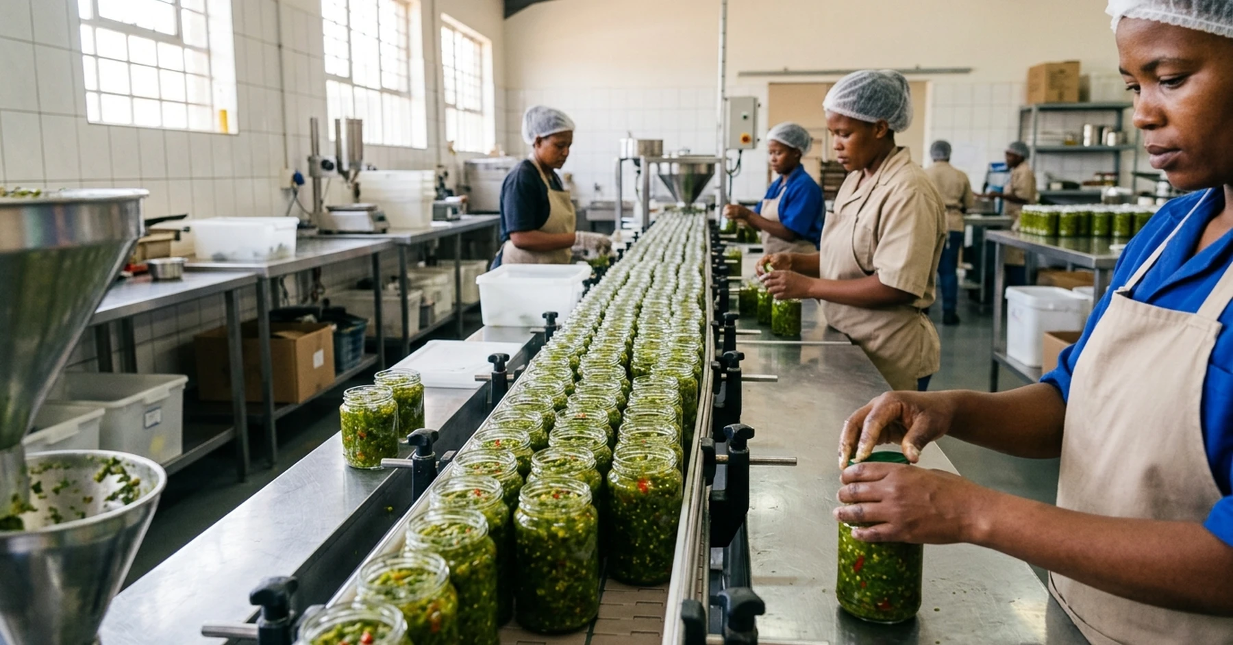 Chuck Chilli production line of unlabelled green chilli relish jars being filled and packed for retail dispatch in South Africa