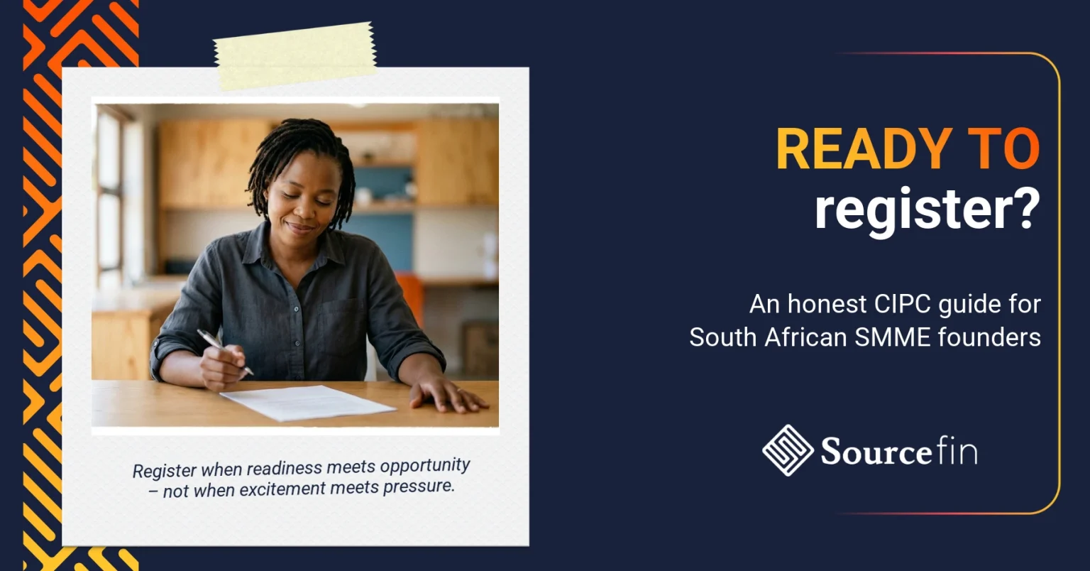 Register a business in South Africa: SMME founder weighing the decision at her workspace